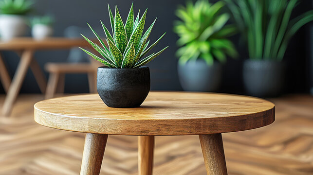 A small succulent plant in a dark pot sits on a round wooden side table in a modern minimalist living room with hardwood floors and other potted plants in the background. - Powered by Adobe