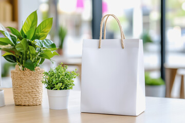 Elegant white bag placed next to a lush green plant symbolizing small business sustainability and eco-consciousness