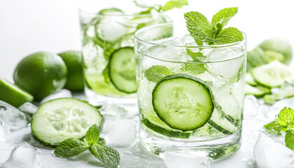 Refreshing water with ice in glass isolated on white background