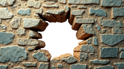Damaged stone wall with transparent central hole opening