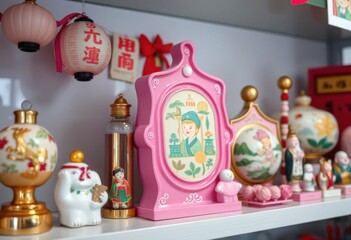 Naklejka premium Asian inspired Decorative Collectibles Displayed on a Shelf Pink Ornaments and Figurines