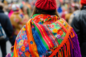 Fototapeta premium Person in colorful ethnic clothing at spring or summer oriental cultural festival or Mexican traditional holiday celebration, Generative AI