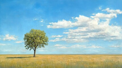 Fototapeta premium A lonely green tree punctuates the vast rural landscape under a blue sky