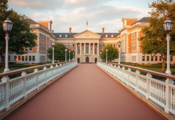 Naklejka premium Majestic University Building at Sunrise A Scenic Walkway Leading to a Grand Entrance