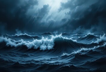 Fototapeta premium Turbulent Tide Dark Blue Gray White Black Light Waves on Grainy Noisy Background