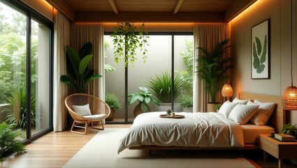 bedroom with warm wooden walls and floors, a cozy white-linen bed, a side table, and a chair. Glass doors lead to a lush patio adorned with potted plants, blending indoor comfort with outdoor serenity