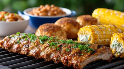 Grilled BBQ Pork Ribs Corn on the Cob and Baked Beans Summer Feast