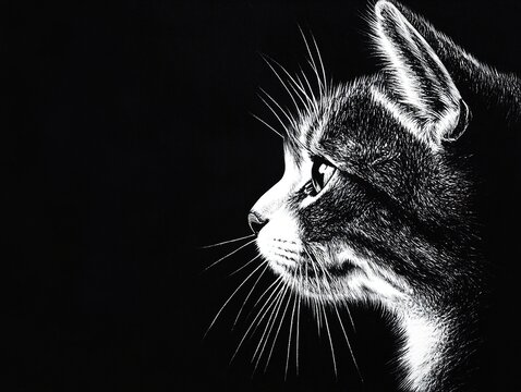 Black and white artistic portrait of a tabby cat with expressive eyes against a black background