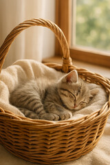 Peaceful gray kitten sleeping in beige basket near sunlit window