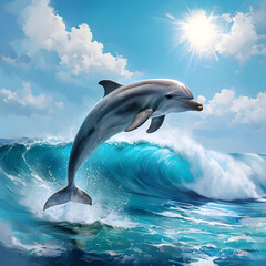 dolphin jumping out of water, Dolphin Leaping Above Turquoise Wave Under Bright Sunlight