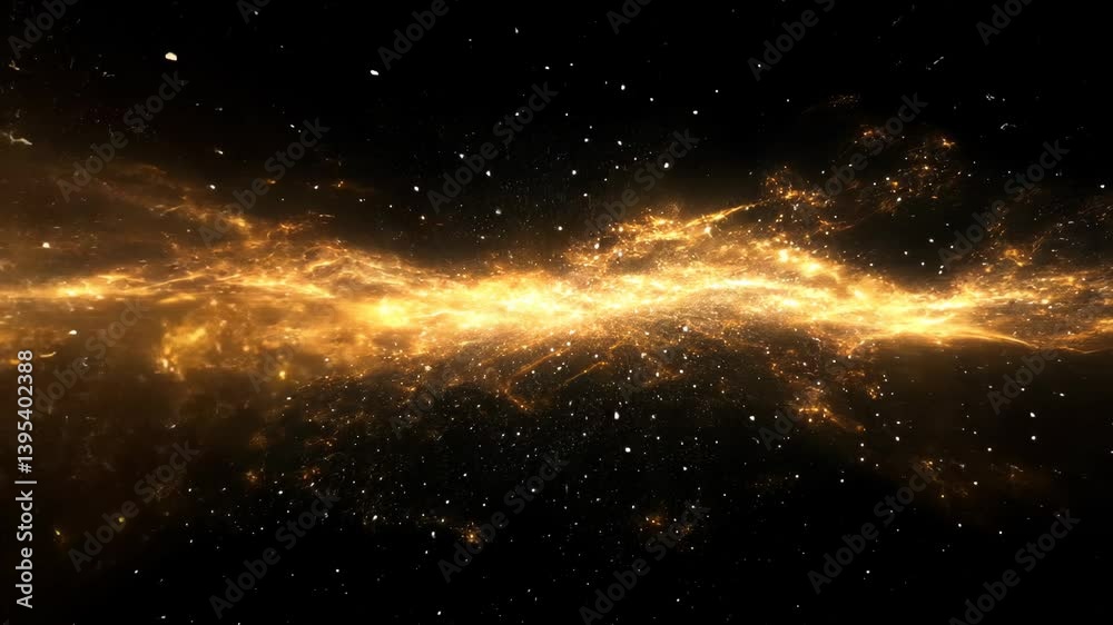 Wall mural golden nebula shines with light particles against a dark starry background creating a sense of cosmi