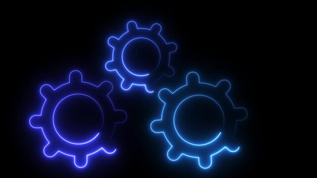 Glowing neon animation of Three gears mechanism on black background. Gear rotation, mechanism with neon glow, clutch mechanics, settings animation concept. Vibrant cogs animation loop.