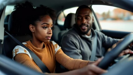 Father teaching his daughter how to drive or driving instructor assisting student during lesson, helping her practice and providing guidance on road safety. Young woman learning how to drive a car
