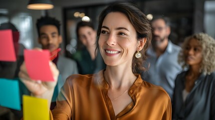 Fototapeta premium Woman smiles while working with sticky notes in an office with colleagues.