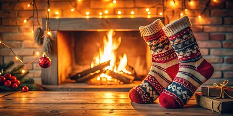 Cozy Christmas scene with festive socks by a warm fireplace and gifts