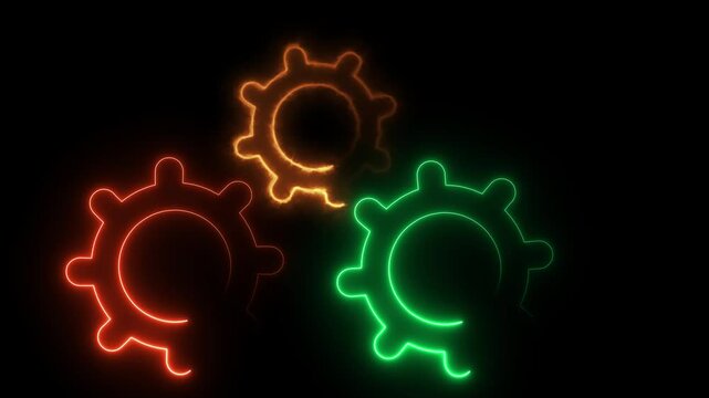 Glowing neon animation of Three gears mechanism on black background. Gear rotation, mechanism with neon glow, clutch mechanics, settings animation concept. Vibrant cogs animation loop.