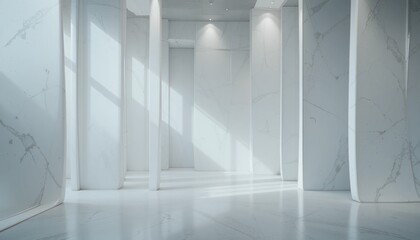 Fototapeta premium Minimalist architectural design featuring white marble columns in a bright spacious interior environment