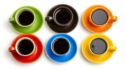 Colorful Coffee Cups on White Background for Artistic Beverage Display