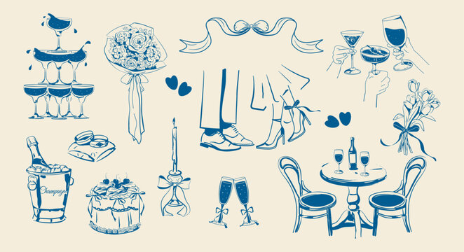 Set of elements for wedding invitations, Valentine's day, engagement, bachelorette parties.Hearts, glasses, dessert, flowers, bows, champagne, rings, candles, a table in a cafe,a couple in love.Vector