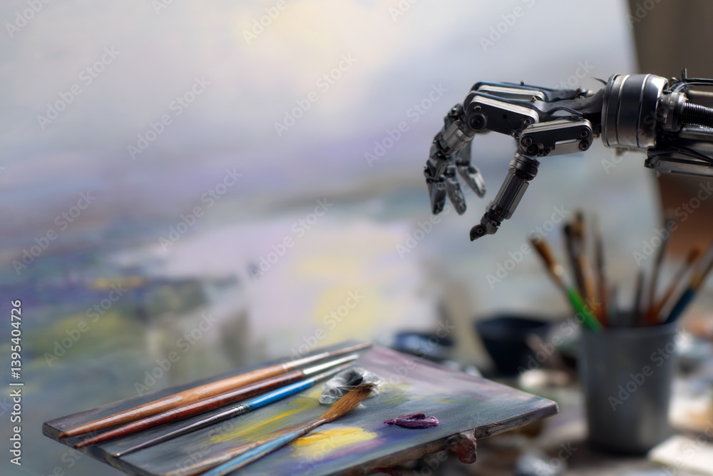 Aufkleber robotic arm above paintbrushes and palette, suggesting technological advancement in art creation, a 