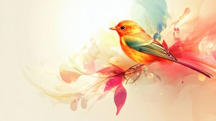 Fototapeta premium A vibrant orange and multicolored bird perched amongst abstract floral elements.