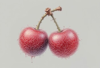  Colored Pencil Cherry Illustration Soft textures, layered colors, detailed stems, pair of cherries, transparent background PNG