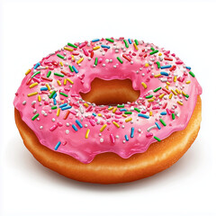 baked donut with pink frosting and colorful sprinkles isolated on transparent background Generative Ai. 