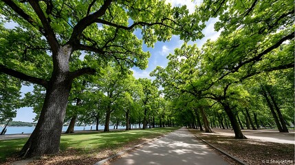 Fototapeta premium Serene Park Pathway Lush Green Trees Sunny Sky Tranquil Nature Scene