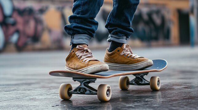 A person balances on a skateboard on a paved surface - Powered by Adobe