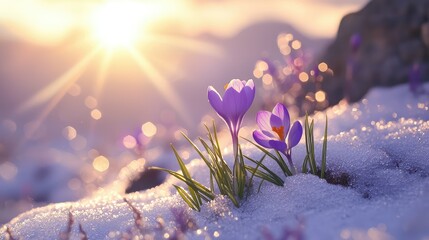 beautiful purple crocus flower growing on the edge of a snowbank, with the sun shining brightly and the snow slowly melting around it.