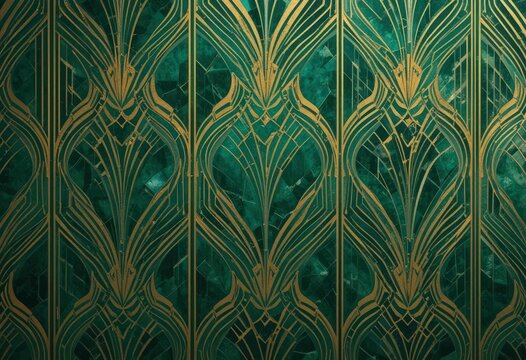  Art Deco Inspired Wall Covering Geometric Abstraction in Emerald and Gold, Perfect for a Luxurious Interior