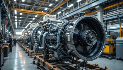 Fototapeta premium Industrial Engine Manufacturing Workshop with Machinery and Tools