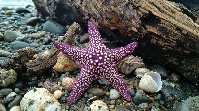 beautiful starfish with shades of purple and pink, lying next to a collection of seashells and driftwood on a quiet beach. - Powered by Adobe