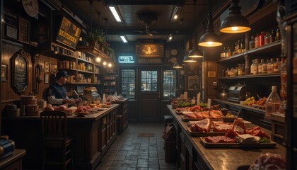 Rustic Butcher Shop Interior with Meats and Vintage Decor