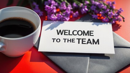 Welcome to the Team Card with Coffee and Purple Flowers