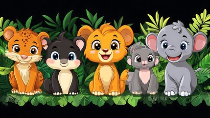 Fototapeta premium Adorable jungle animals in a playful tropical setting.