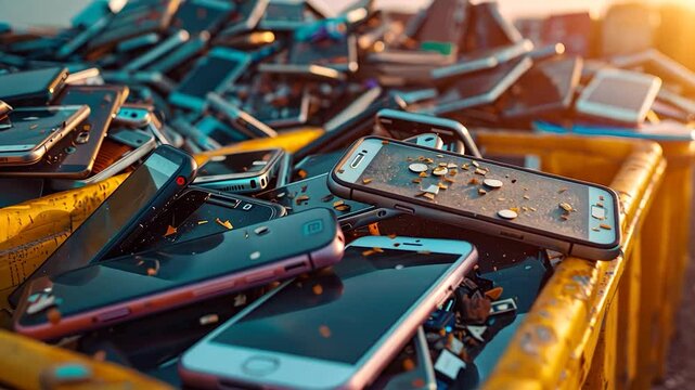 Pile of discarded smartphones at a recycling center, reflecting on e-waste and environmental concerns.