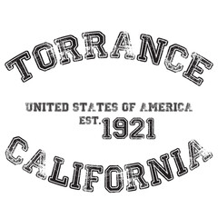 vintage college varsity california's torrance city slogan emblem print with grunge effect for graphic tee t shirt or sweatshirt - vector