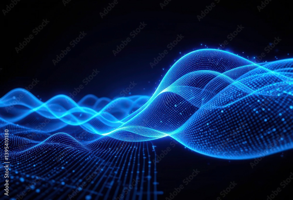 Wall mural dynamic blue waveforms represent the flow of digital information across a technological landscape.