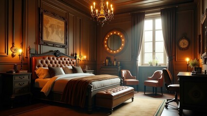 Fototapeta premium steampunk cozy bedroom has a tufted leather bed, vintage bedside tables, warm lamps, a gold chandelier, a desk with a mirror, a large curtained window, and earthy tones of brown, red, and gold