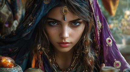 A fortune teller gazing into a crystal ball, with ethereal lights and shadows creating a magical atmosphere
