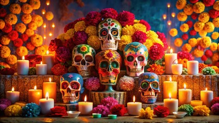 Fototapeta premium Vibrant sugar skulls adorned with colorful flowers and surrounded by flickering candlelight create a festive and heartwarming scene.