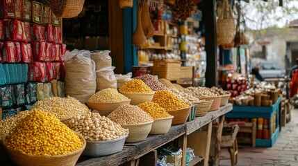 Fototapeta premium Vibrant Grains and Legumes at a bustling Turkish Market