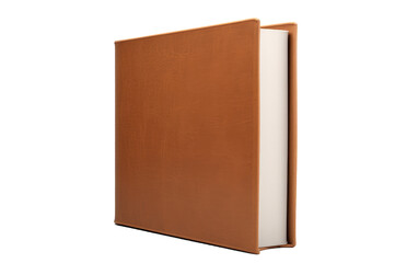 Luxurious brown leather photo album partially open showcasing blank white pages against a stark black background A