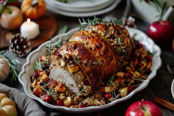 Tender roasted pork loin filled with apple, cranberry, and spice stuffing for a flavorful meal