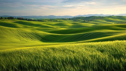 Fototapeta premium Photo of a green grass field, with the wind blowing the grass, creating a motion blur effect