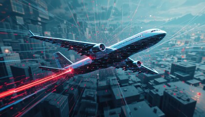  Data Stream Journey A Glitch Art Airplane Icon Flies Through a Corrupted Global Network Display