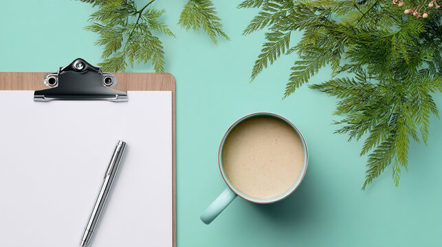 Flat lay showcasing clipboard with blank paper, pen, coffee cup, and green foliage on mint background, suggesting a calm workspace or break-time concept