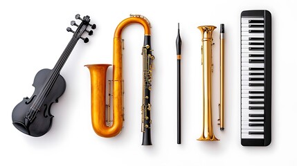 Naklejka premium Diverse Array of Musical Instruments on White Background