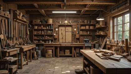 Obraz premium Rustic Workshop Interior with Tools, Wood and Shelves for Crafts
